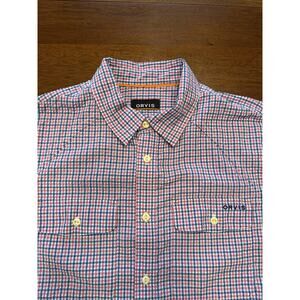 Large Orvis Red Checkered Seersucker Long Sleeve Button Up Shirt